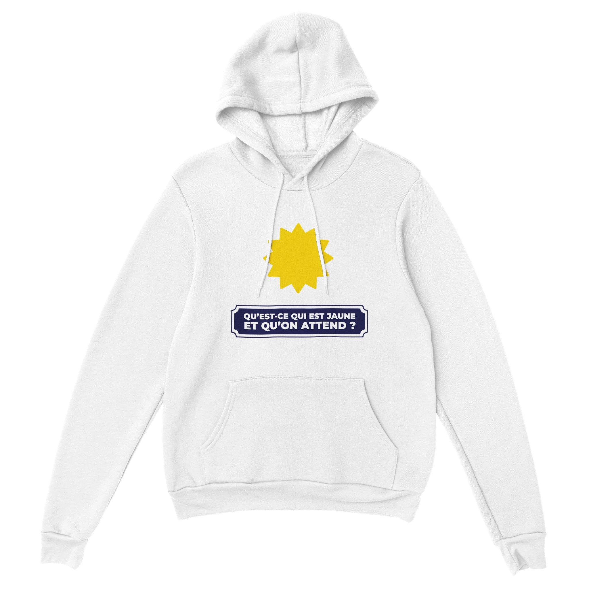 Sweat à capuche pastis "Qu'est ce qui est jaune et qu'on attend ?" | Mixte French Humour